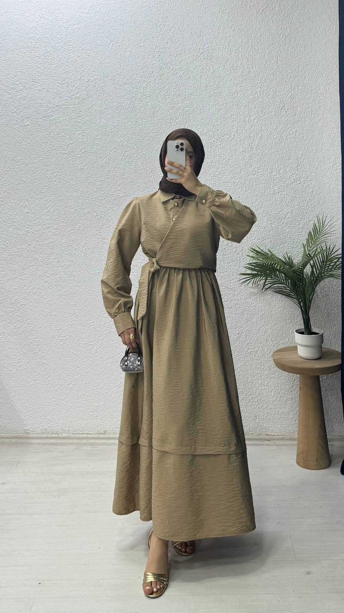 Bağlamalı Düğmeli Elbise Bej