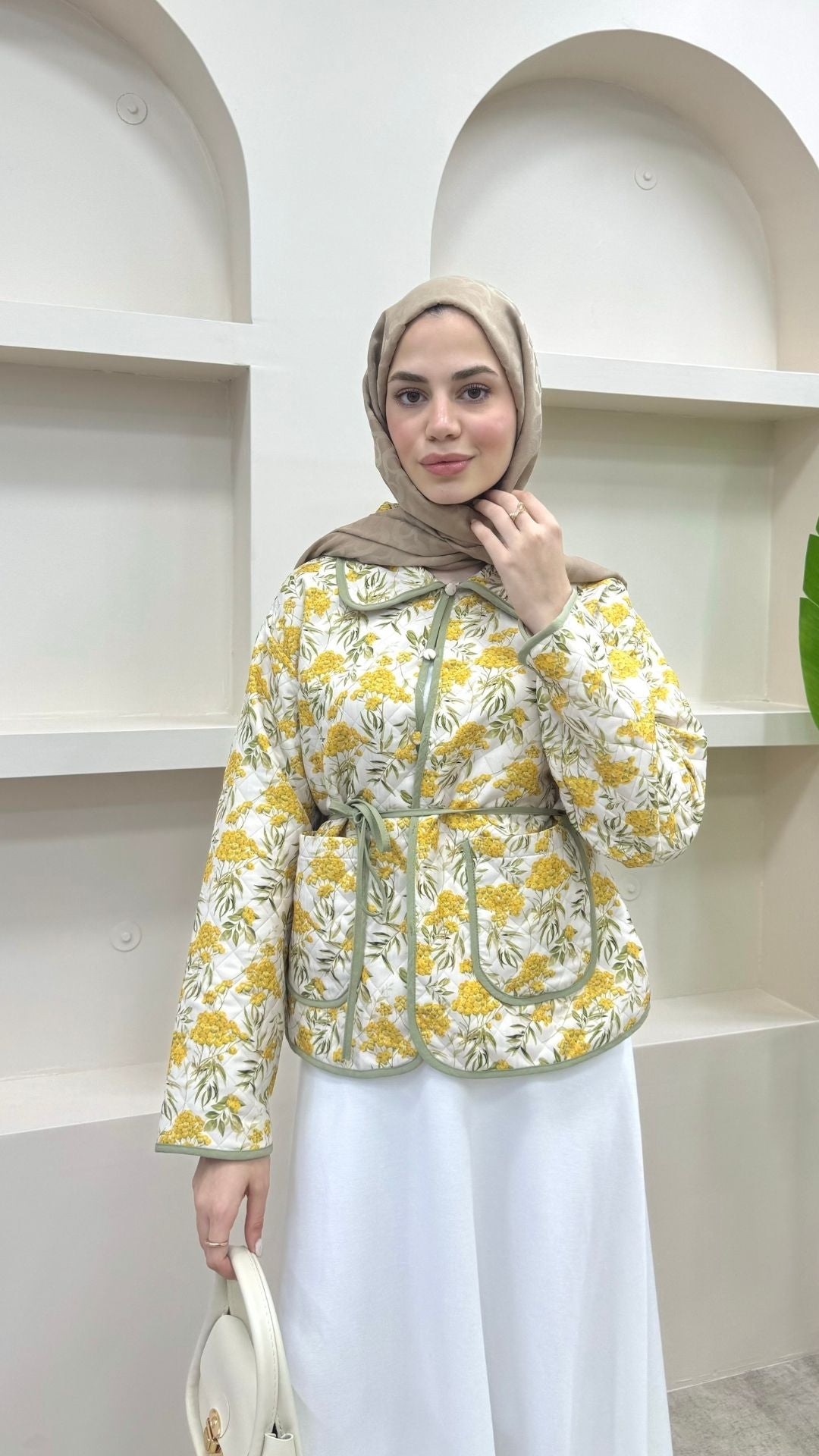 Bağlamalı Etnik Desen Kısa Ceket Sarı