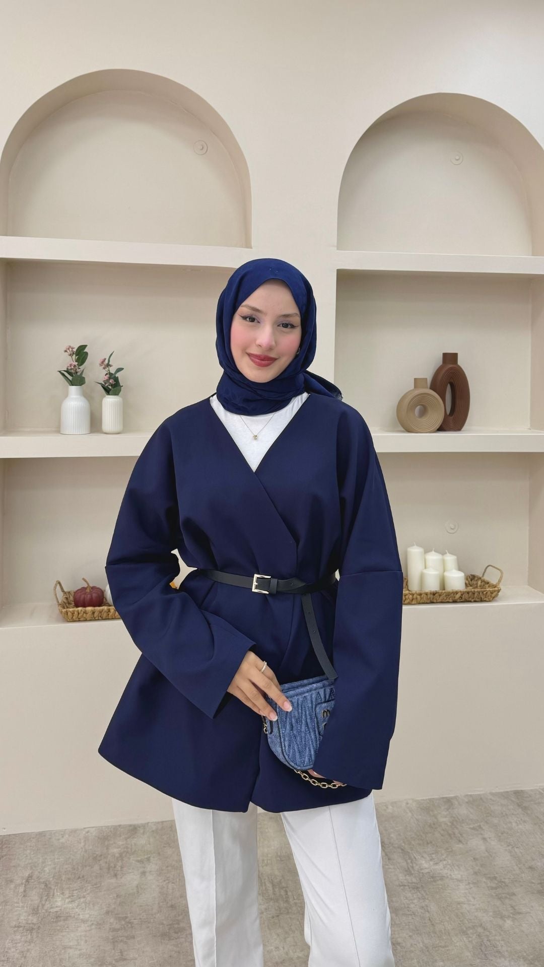 Kruvaze Yaka Kemerli Blazer Ceket Lacivert