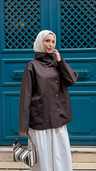 Çıt Çıtlı Trenç Kumaş Oversize Ceket Kahve