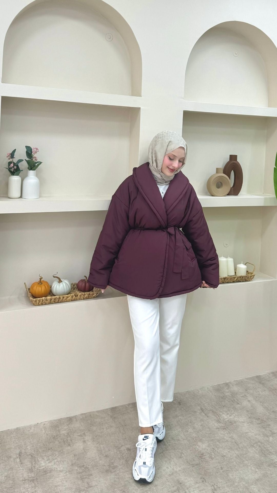 Şal Yaka Kemerli Mont Bordo