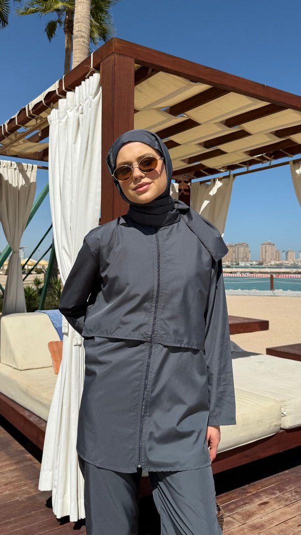 Doha Paraşüt Kumaş 3'lü Tam Kapalı Tesettür Mayo Gri