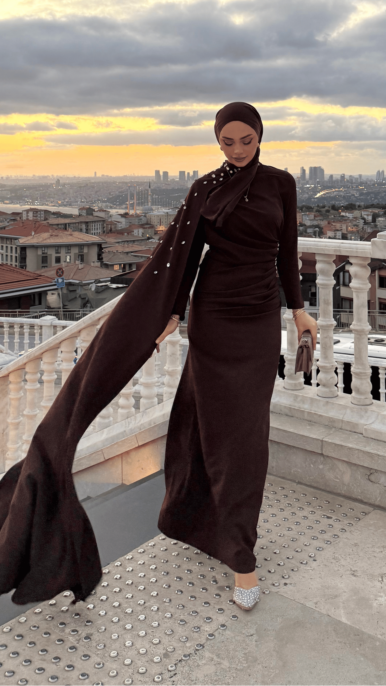 Serena Taşlı Abiye Kahverengi