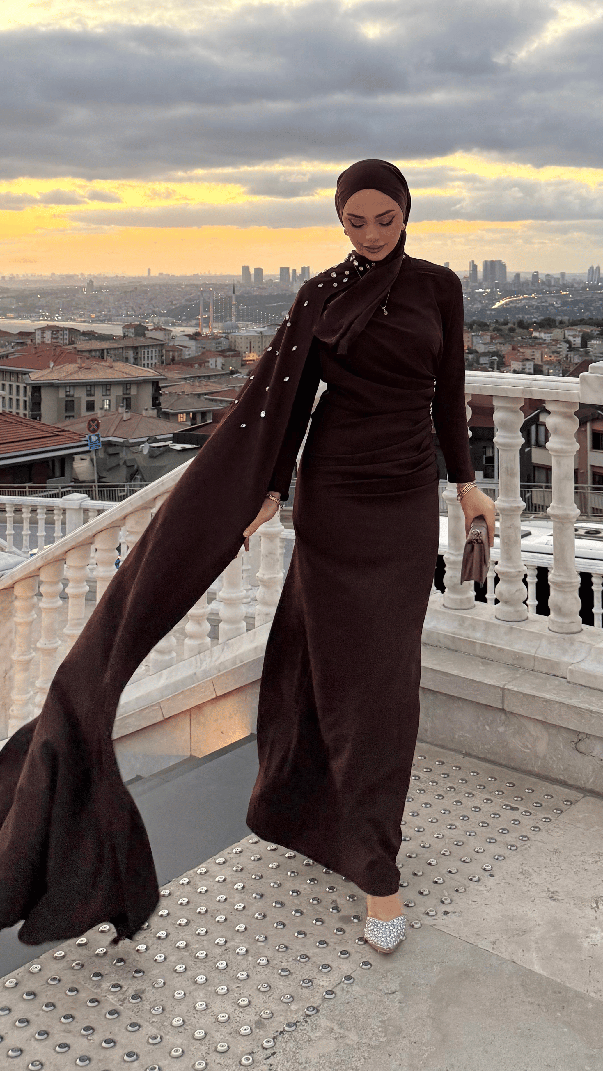 Serena Taşlı Abiye Kahverengi