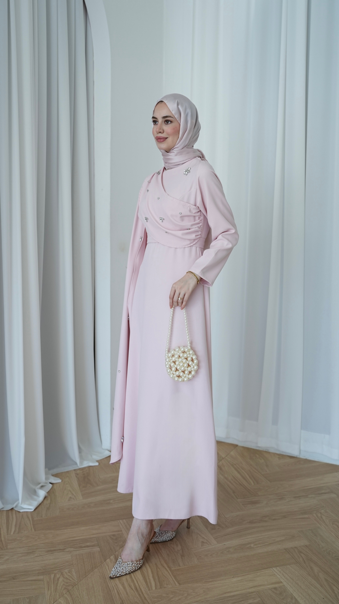 Linda Taş Detaylı Uzun Abiye Toz Pembe