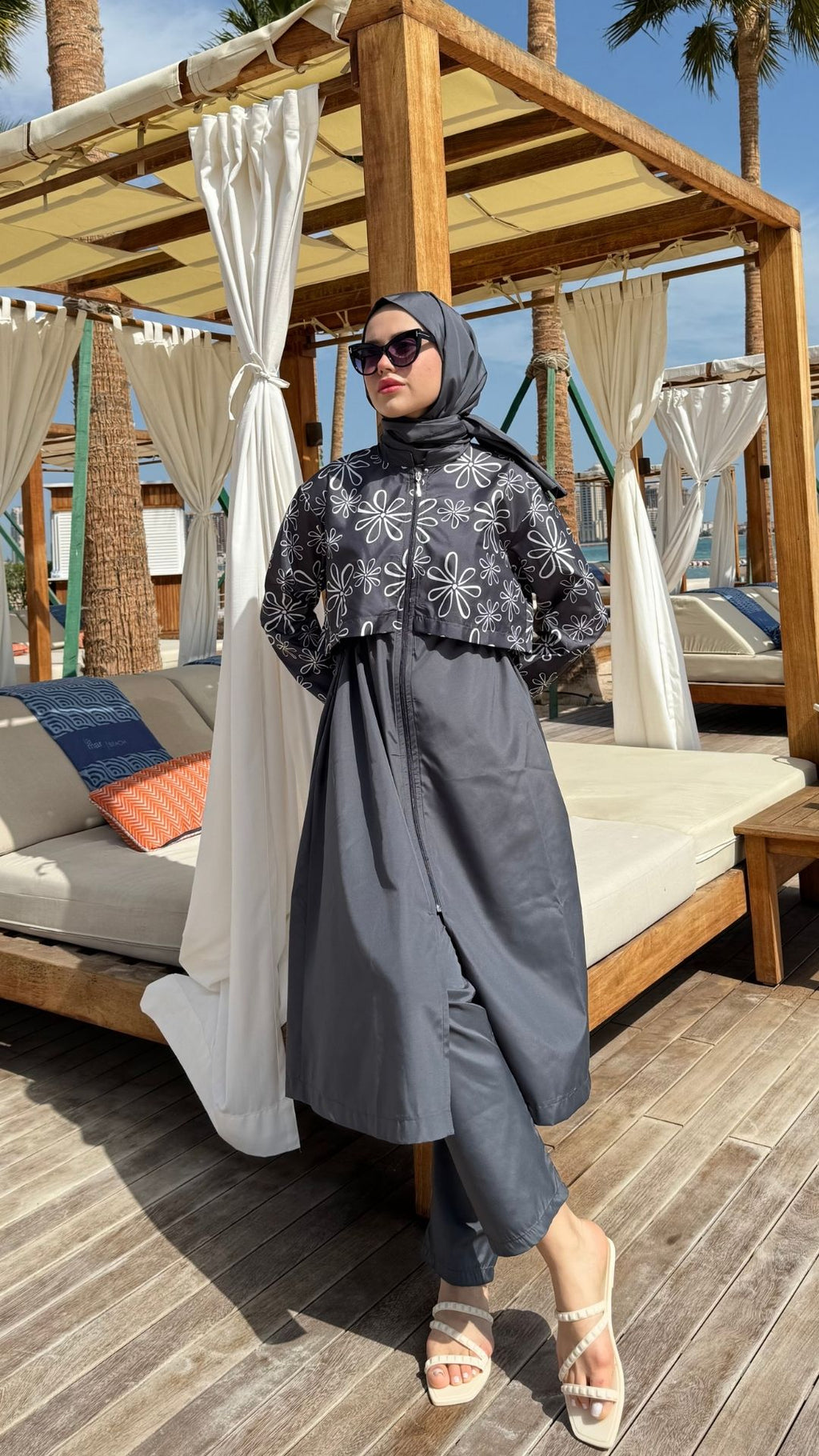 Desenli Paraşüt Kumaş Uzun Tesettür Mayo Antırasit