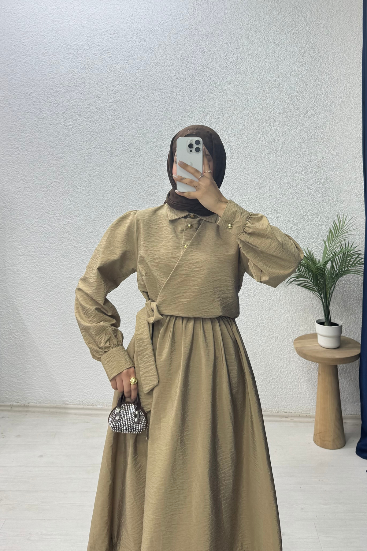 Bağlamalı Düğmeli Elbise Bej