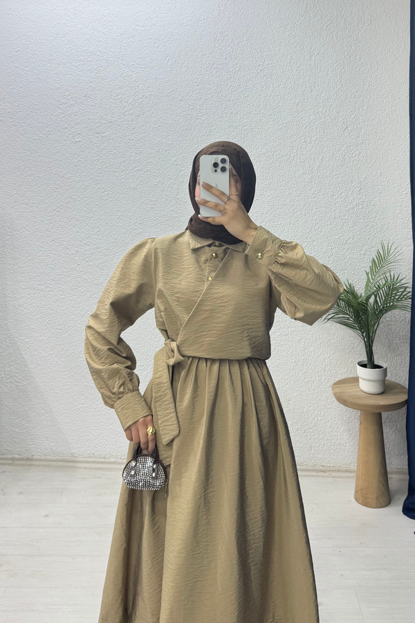 Bağlamalı Düğmeli Elbise Bej