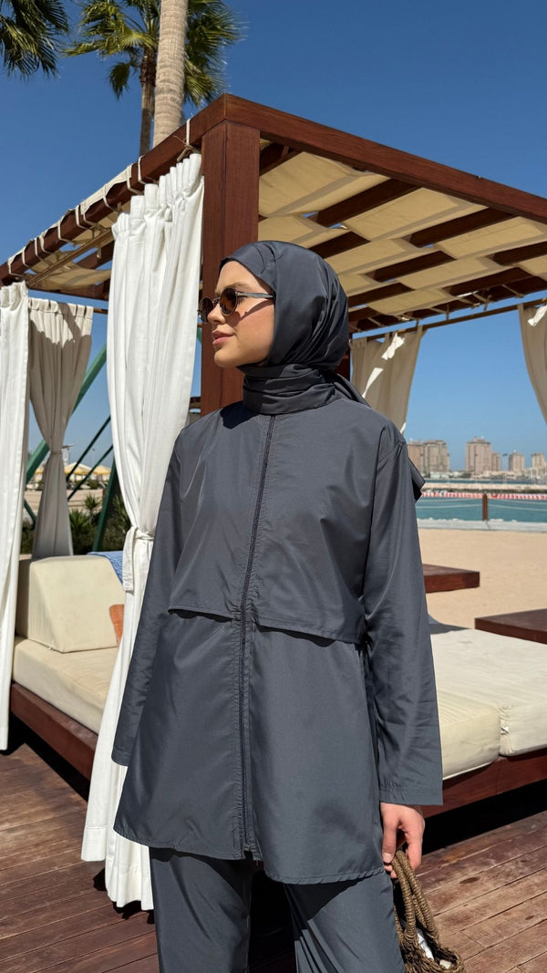 Doha Paraşüt Kumaş 3'lü Tam Kapalı Tesettür Mayo Gri