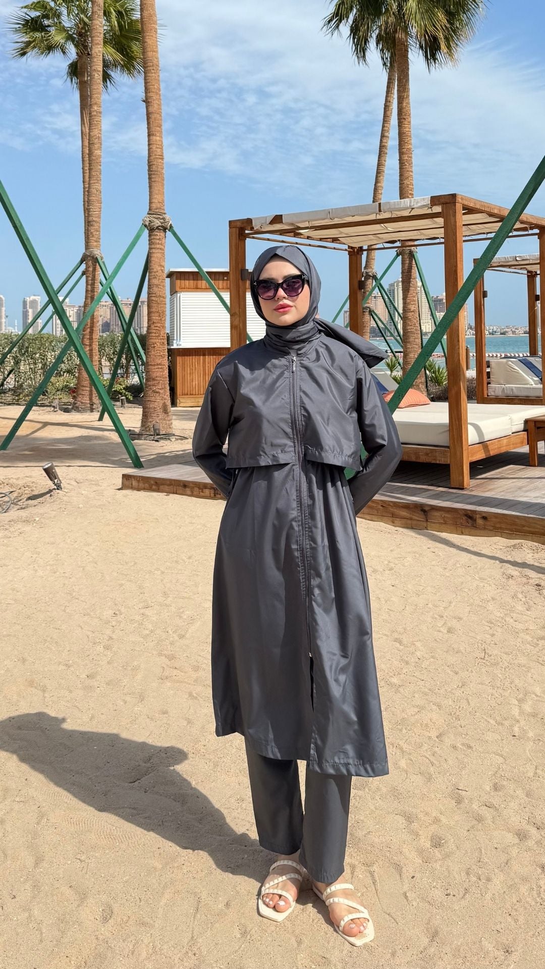 Paraşüt Kumaş Uzun Tesettür Mayo Antırasit