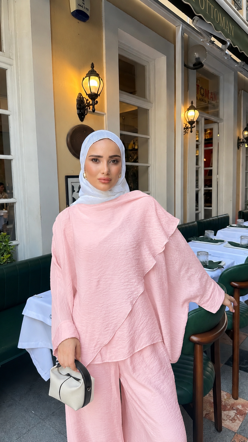 Hüma Asimetrik Katlı İkili Takım Pembe