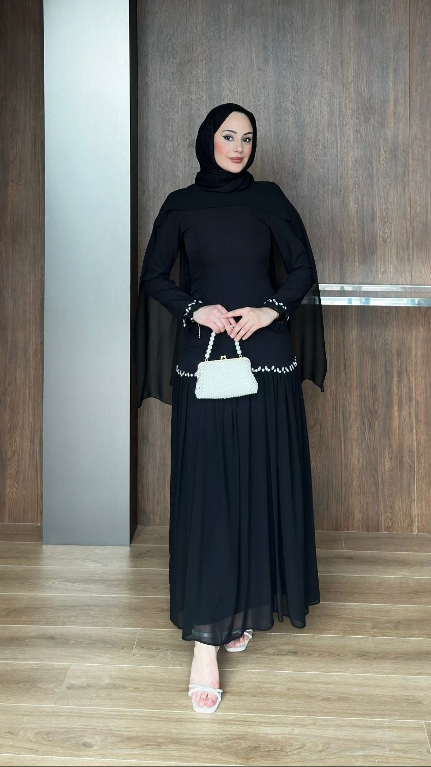 Pera Şifon Detaylı Abiye Siyah