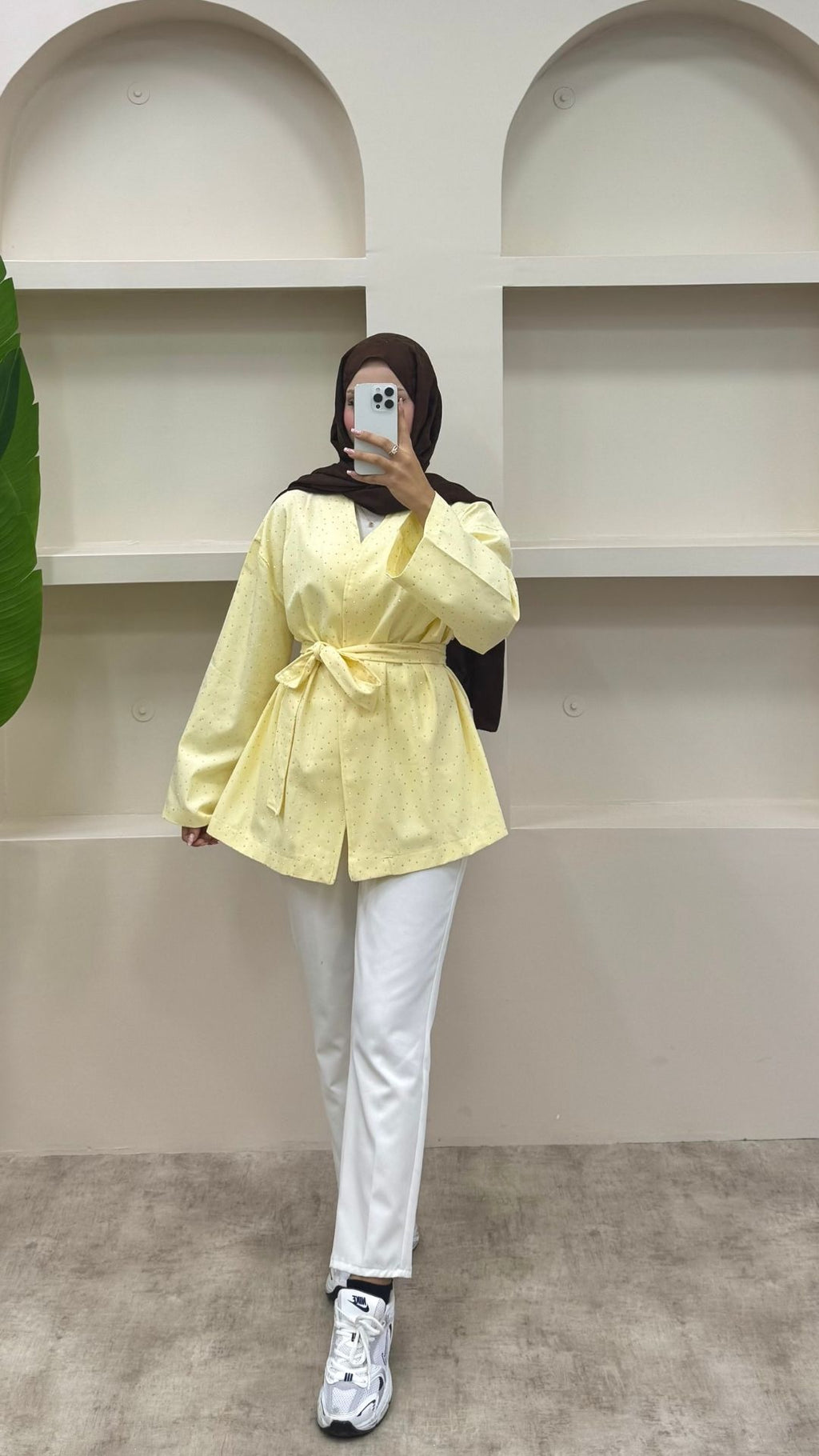 Taşlı Kemerli Gabardin Ceket Sarı