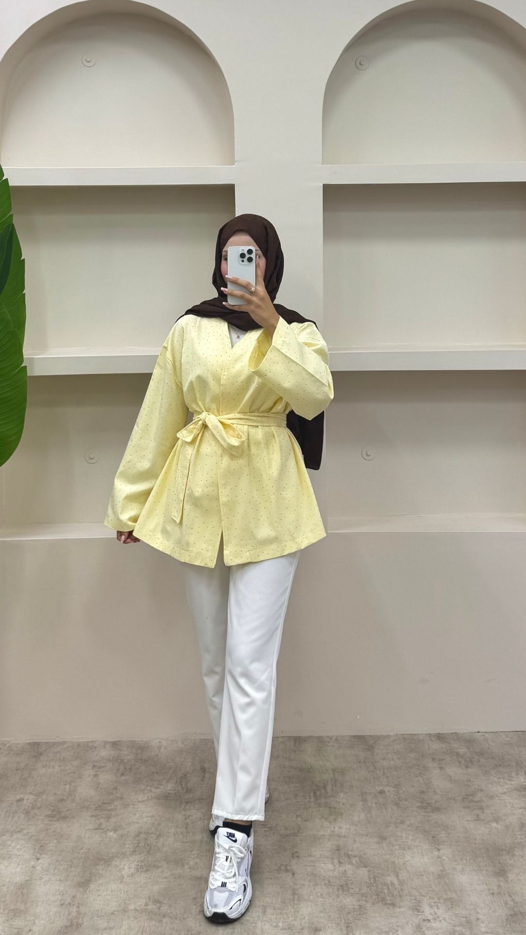 Taşlı Kemerli Gabardin Ceket Sarı