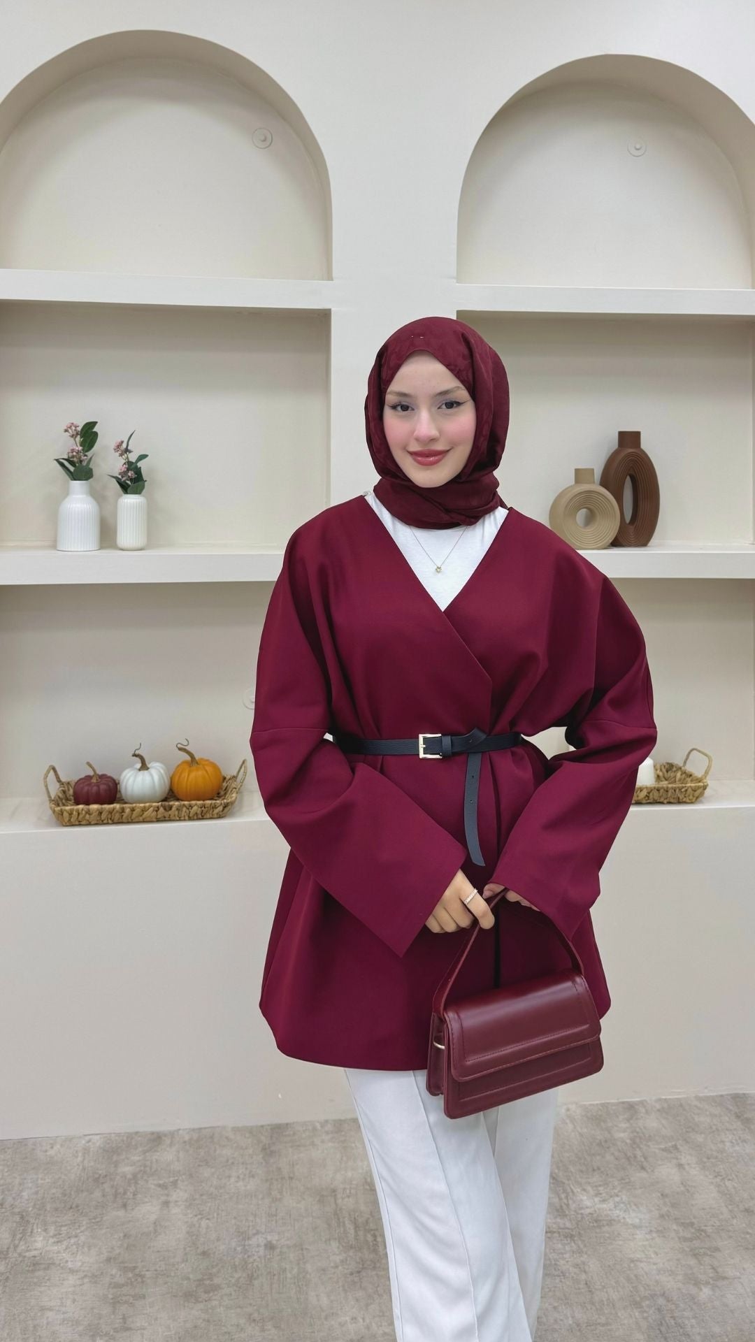 Kruvaze Yaka Kemerli Blazer Ceket Bordo