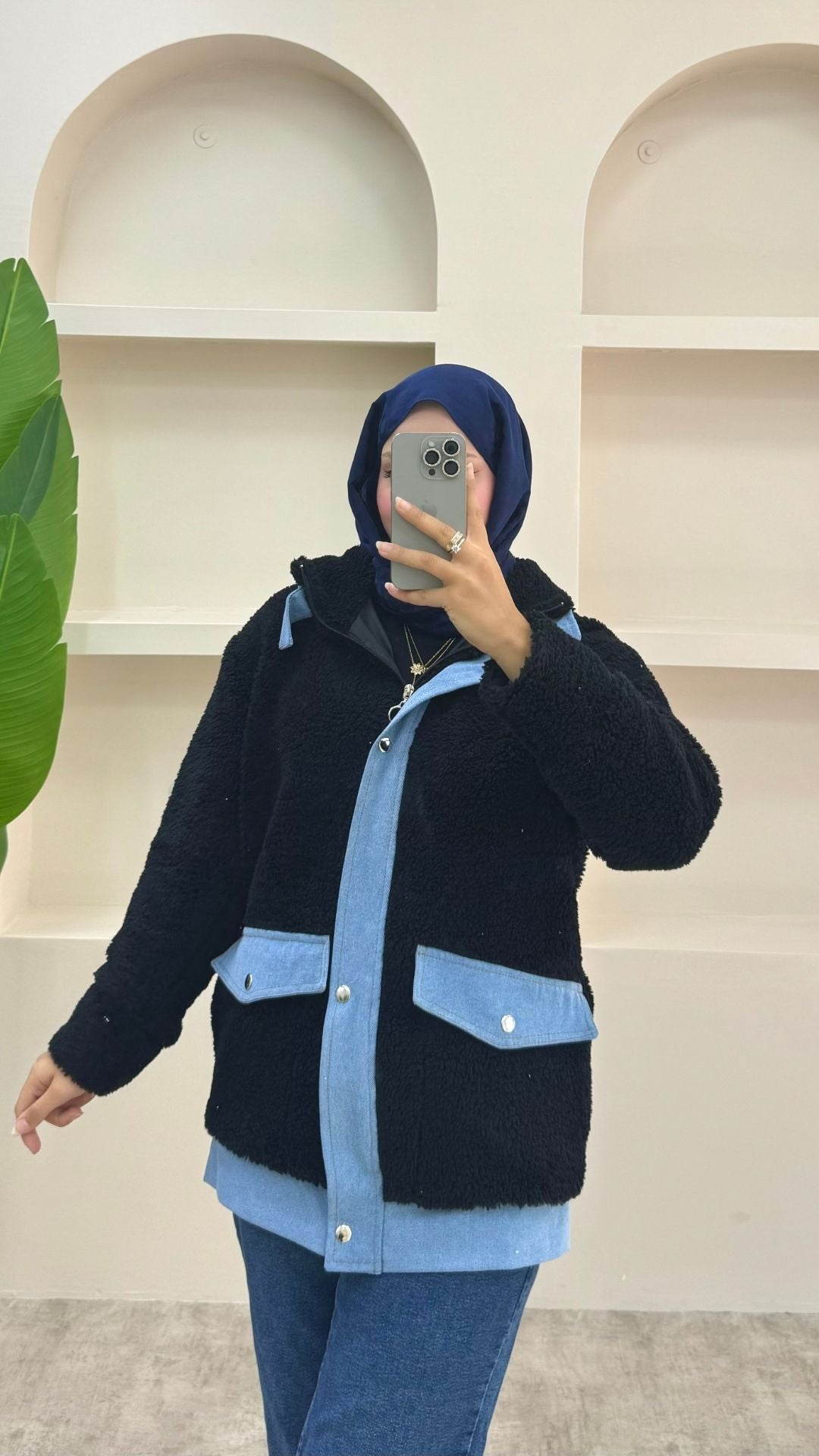 Kot Detaylı Peluş Ceket Siyah