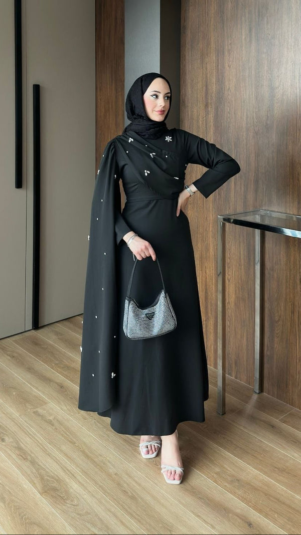 Linda Taş Detaylı Uzun Abiye Siyah