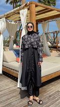 Desenli Paraşüt Kumaş Uzun Tesettür Mayo Siyah