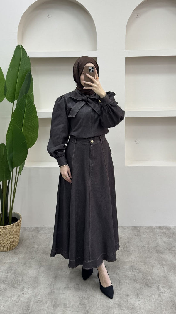 Fularlı Denim Takım Kahverengi