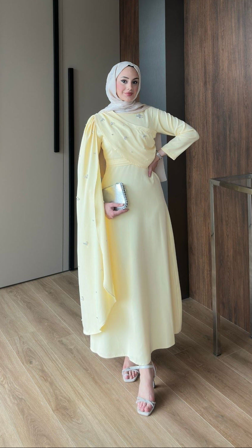 Linda Taş Detaylı Uzun Abiye Sarı