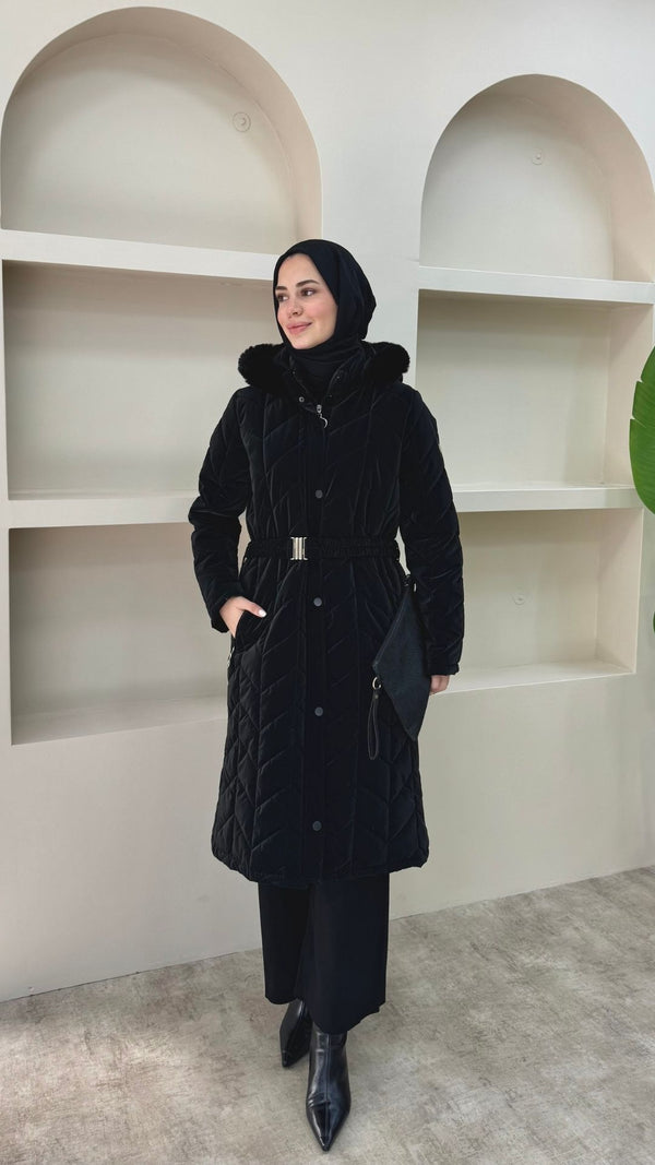 Yakası Kürklü Premium Kapitone Mont Siyah