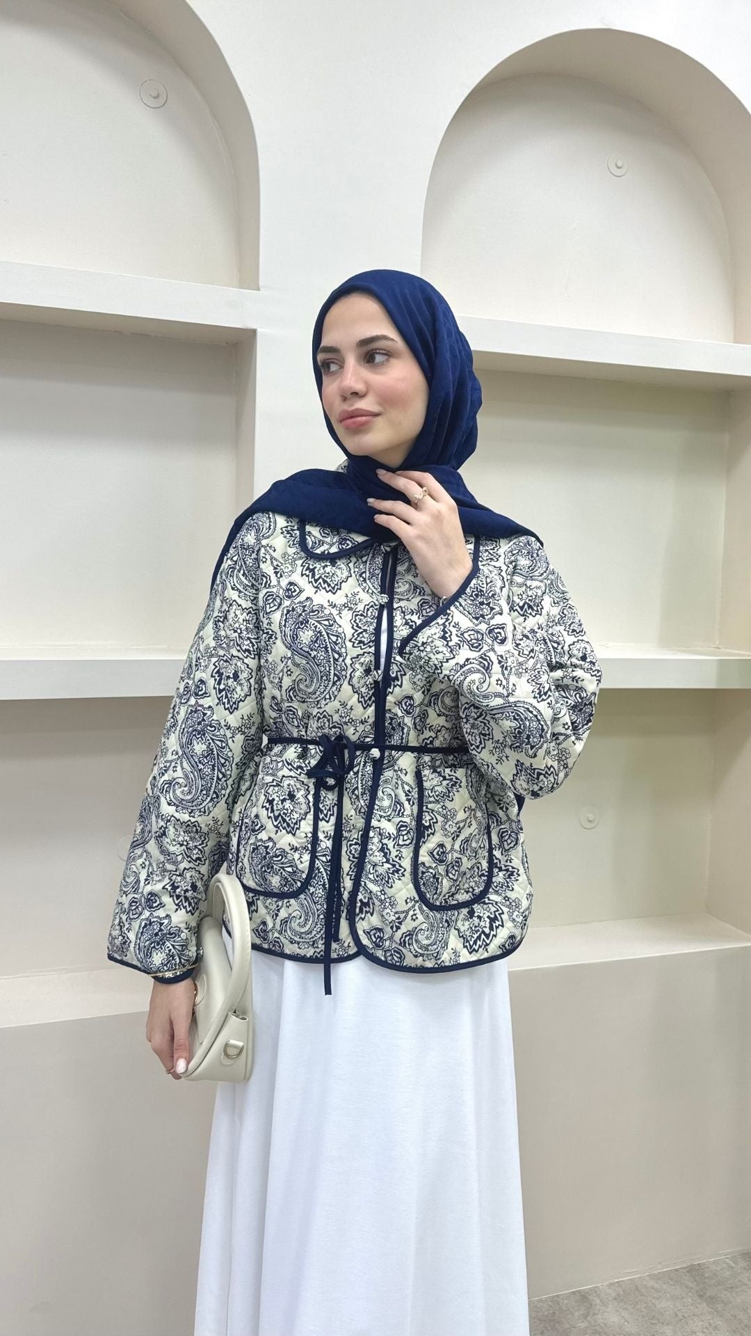 Bağlamalı Etnik Desen Kısa Ceket Lacivert