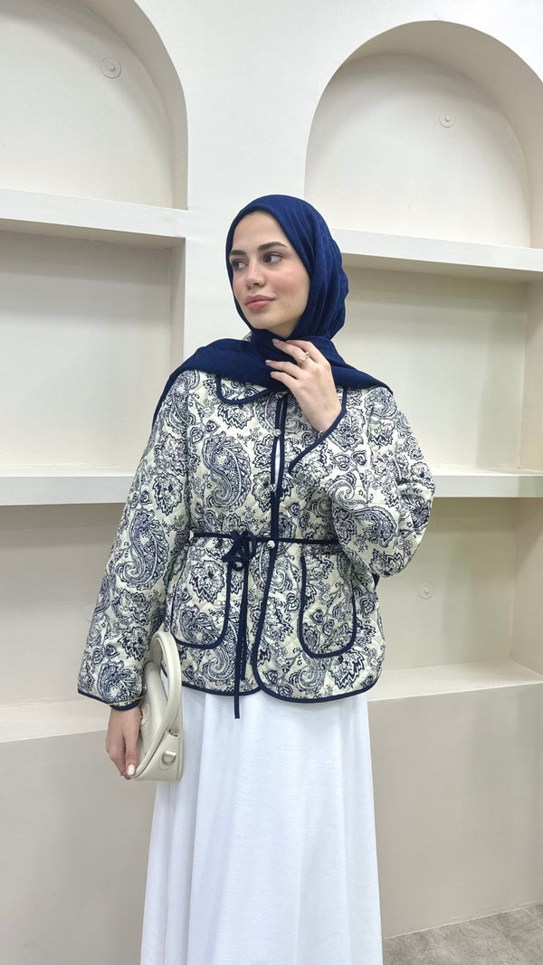 Bağlamalı Etnik Desen Kısa Ceket Lacivert