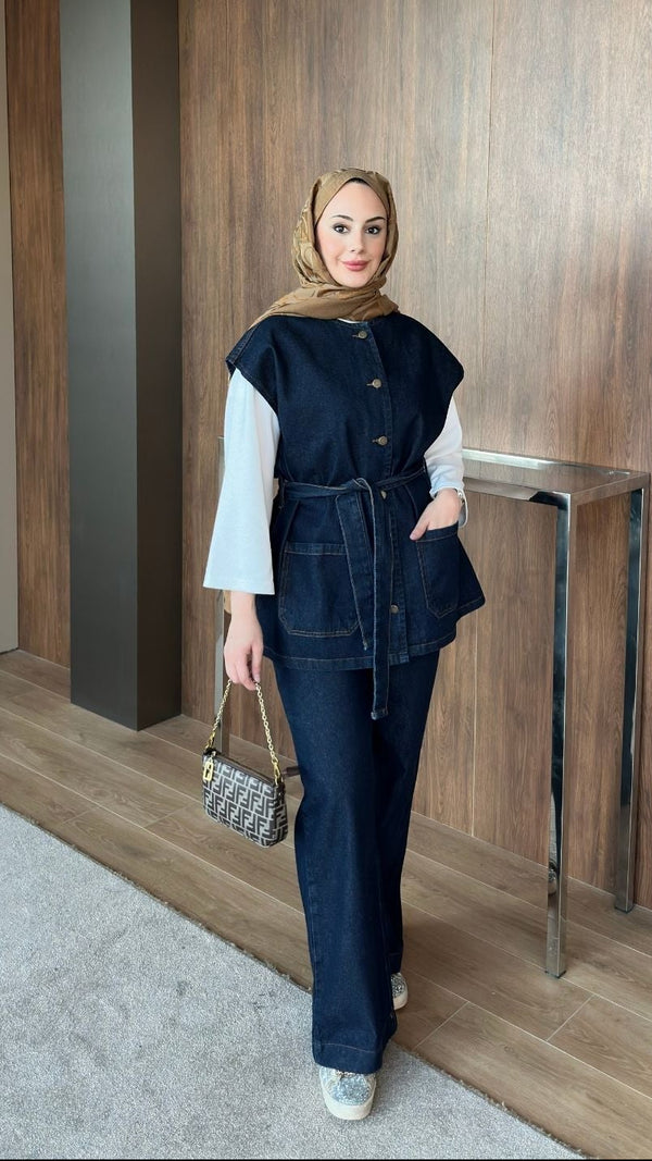 Bianca Yelekli Denim Takım Lacivert