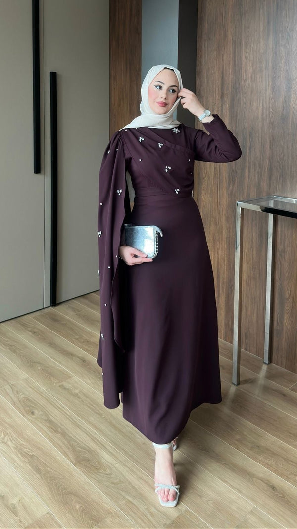 Linda Taş Detaylı Uzun Abiye Mürdüm