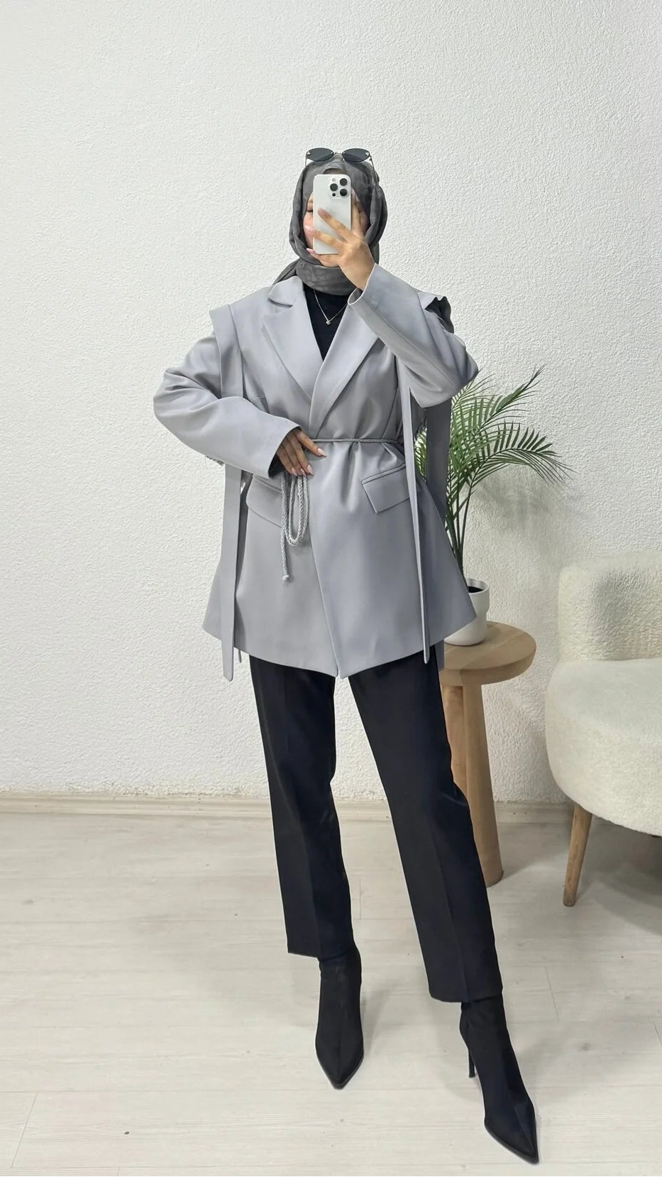 Omuz Kuşaklı Blazer Ceket Gri