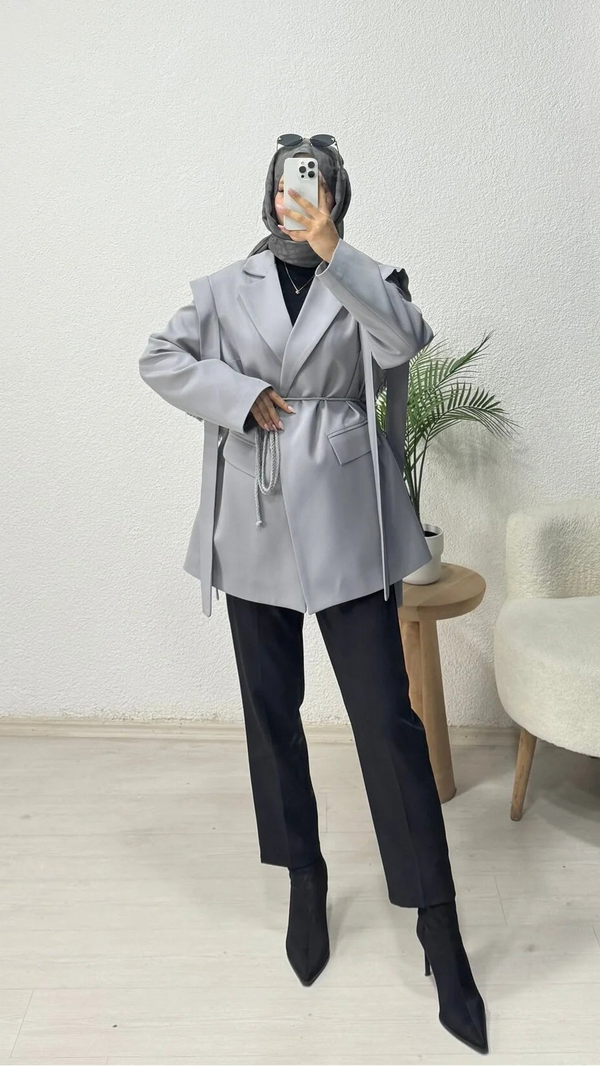 Omuz Kuşaklı Blazer Ceket Gri