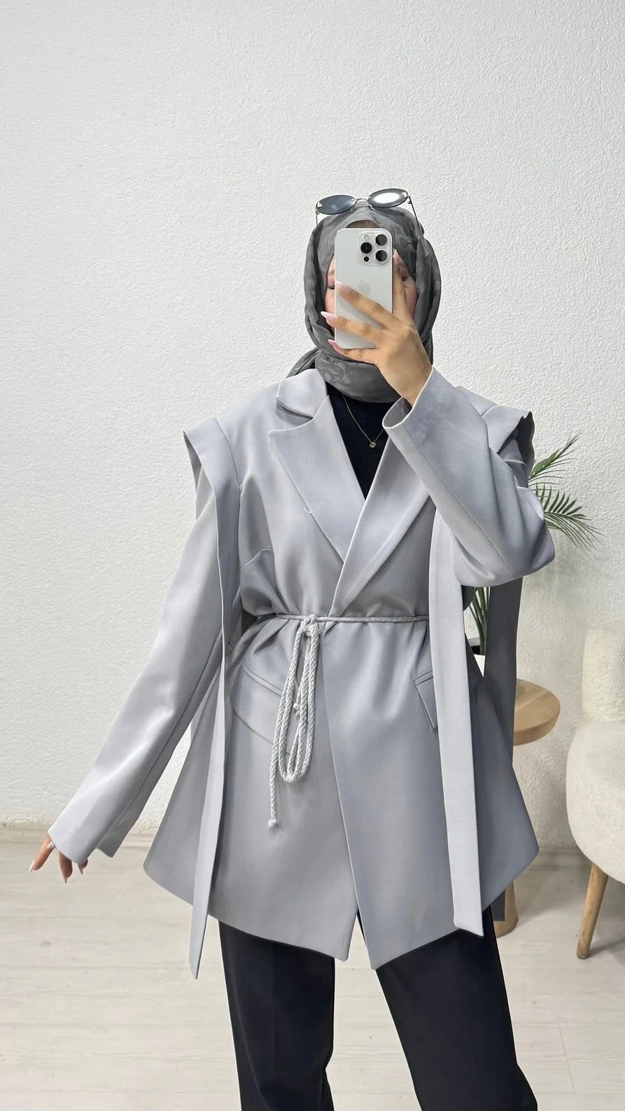 Omuz Kuşaklı Blazer Ceket Gri