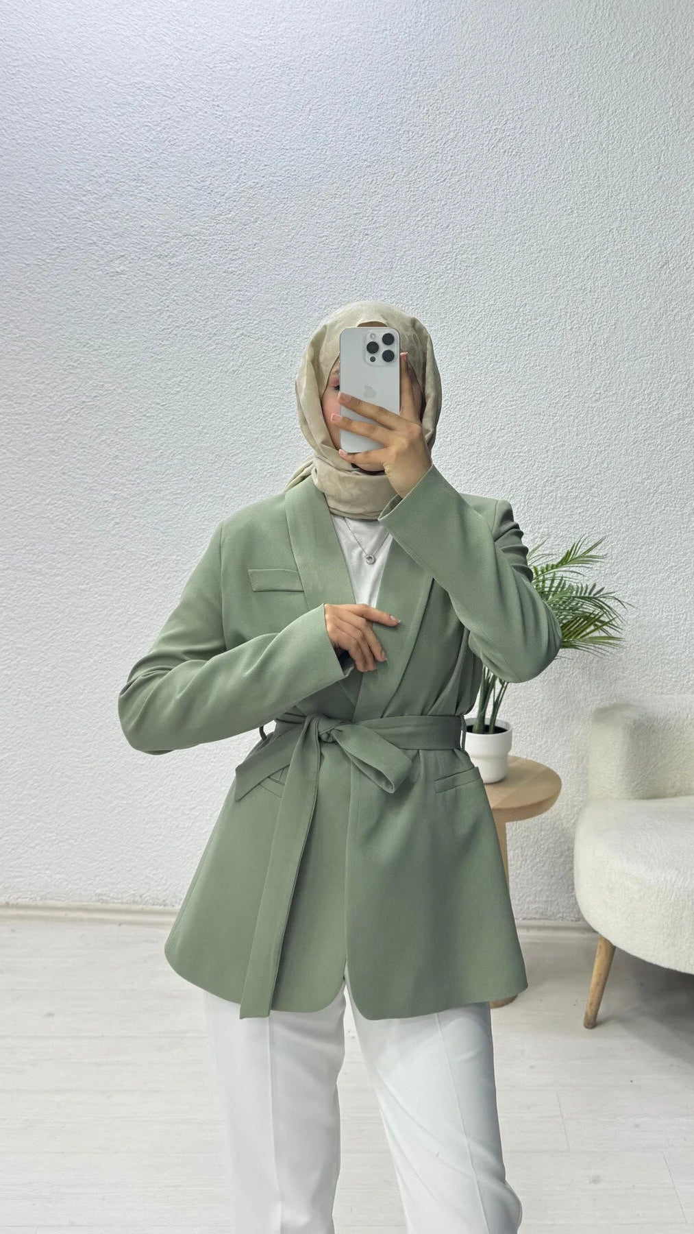 Kruvaze Yaka Kuşaklı Blazer Ceket Yeşil