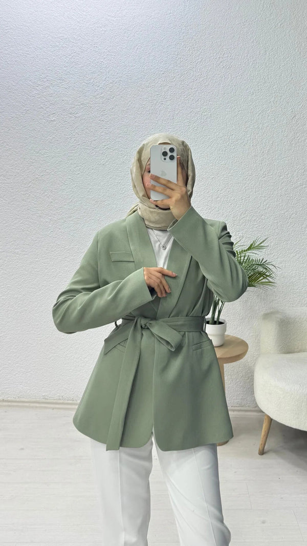 Kruvaze Yaka Kuşaklı Blazer Ceket Yeşil