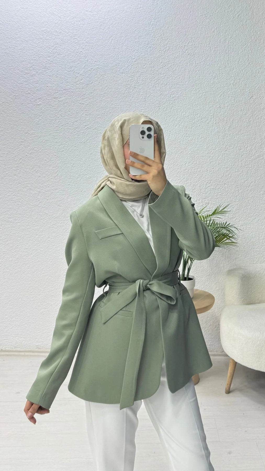 Kruvaze Yaka Kuşaklı Blazer Ceket Yeşil