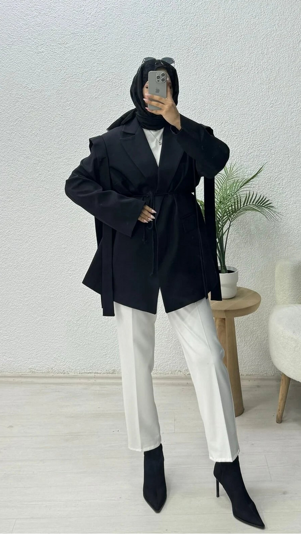 Omuz Kuşaklı Blazer Ceket Siyah