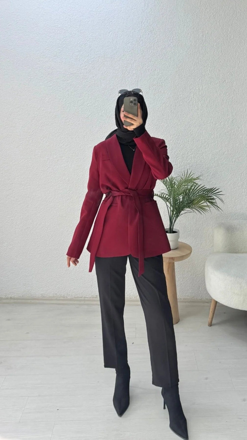 Kruvaze Yaka Kuşaklı Blazer Ceket Bordo