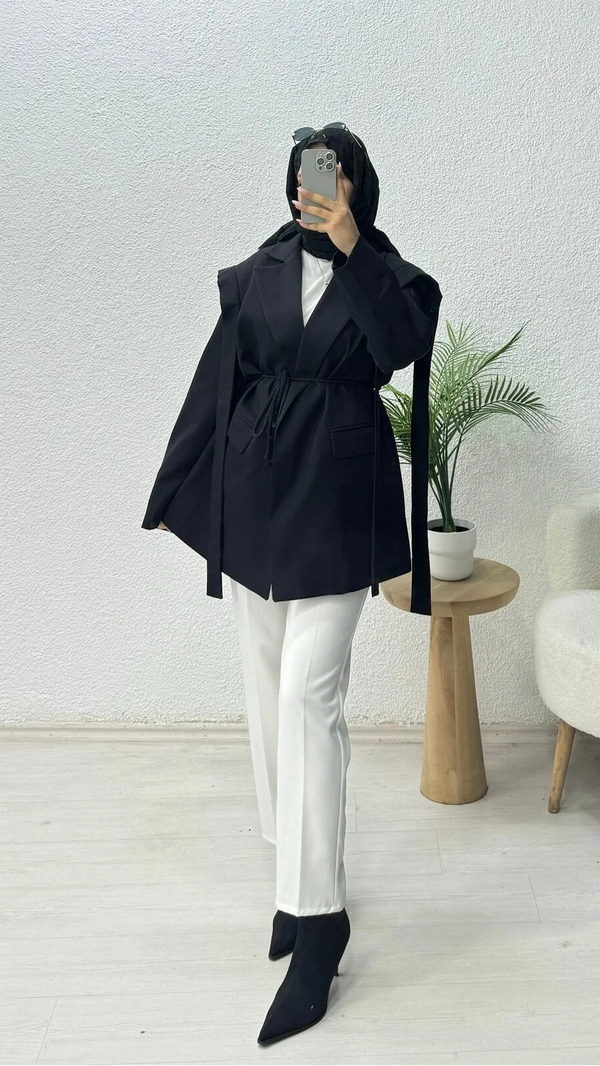 Omuz Kuşaklı Blazer Ceket Siyah