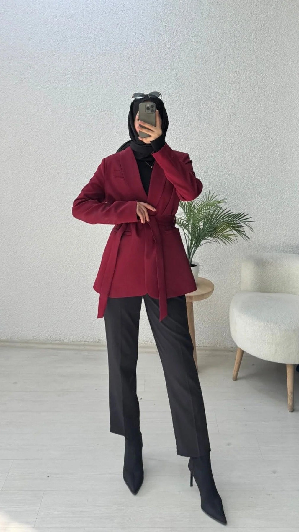 Kruvaze Yaka Kuşaklı Blazer Ceket Bordo