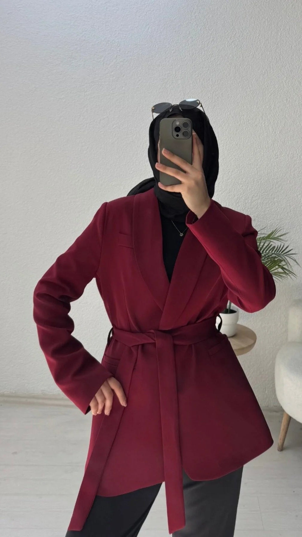 Kruvaze Yaka Kuşaklı Blazer Ceket Bordo
