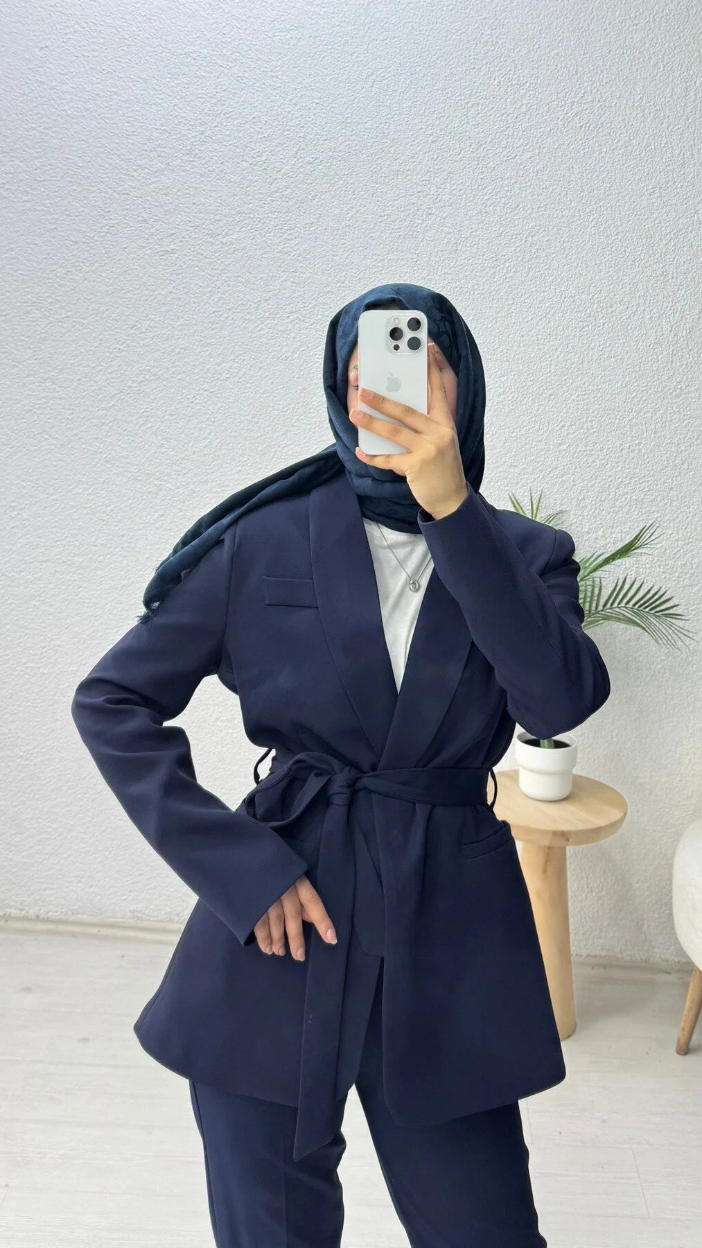 Kruvaze Yaka Kuşaklı Blazer Ceket Lacivert