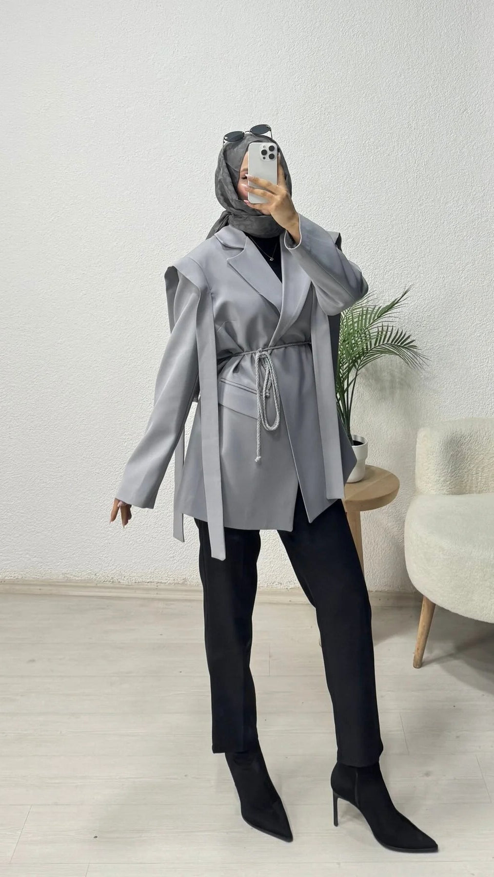 Omuz Kuşaklı Blazer Ceket Gri
