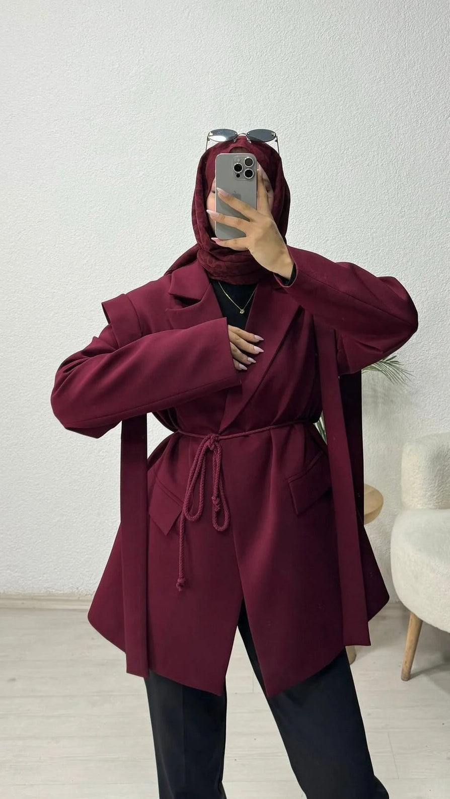 Omuz Kuşaklı Blazer Ceket Bordo