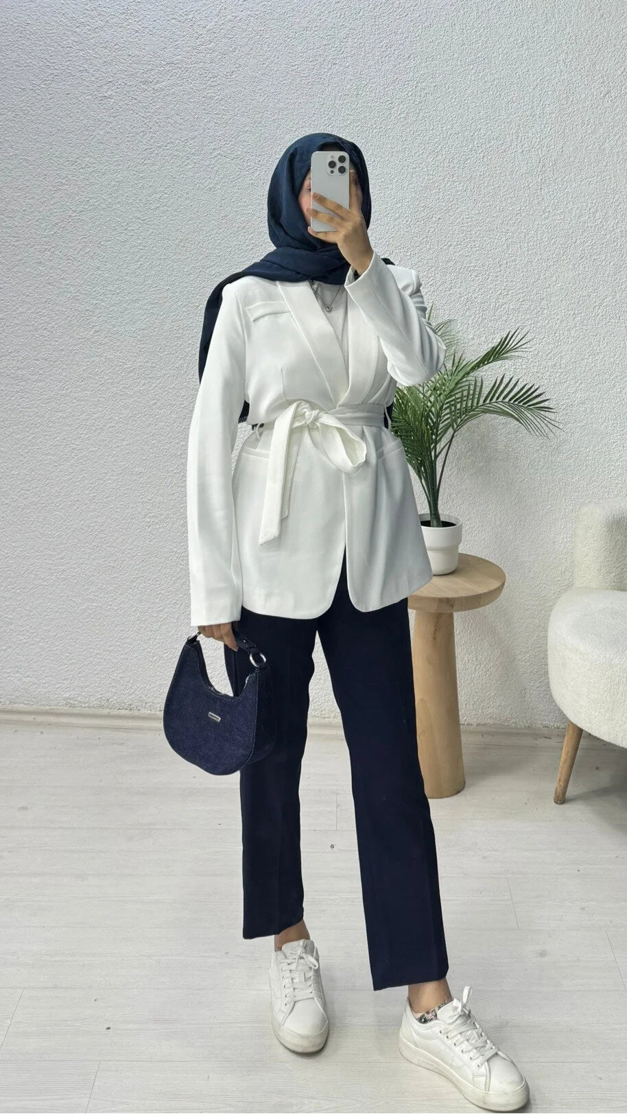 Kruvaze Yaka Kuşaklı Blazer Ceket Beyaz