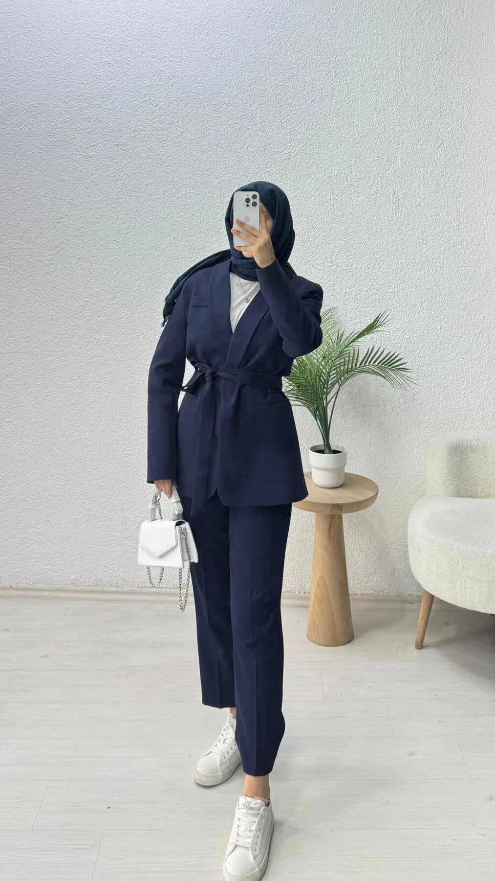 Kruvaze Yaka Kuşaklı Blazer Ceket Lacivert