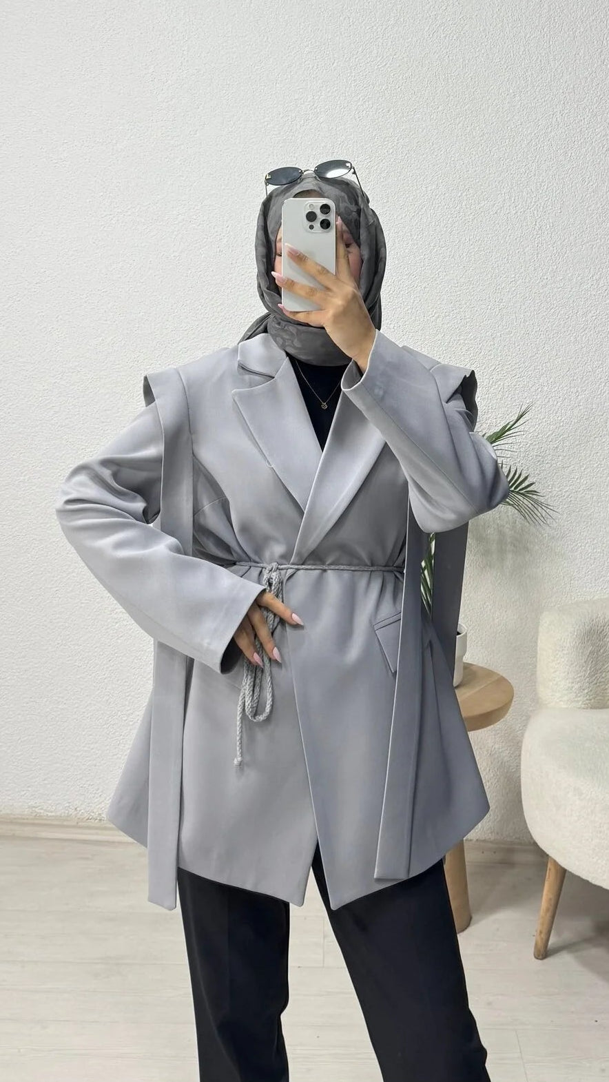 Omuz Kuşaklı Blazer Ceket Gri