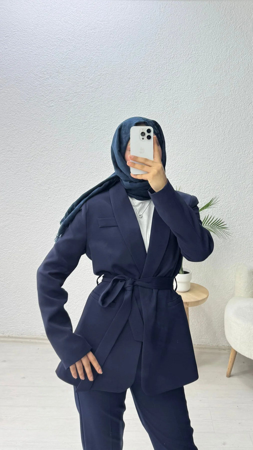 Kruvaze Yaka Kuşaklı Blazer Ceket Lacivert