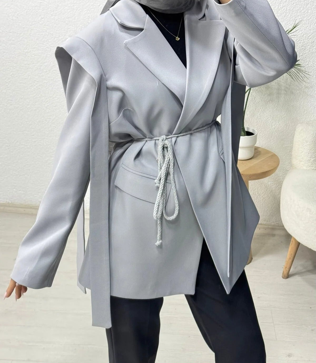 Omuz Kuşaklı Blazer Ceket Gri