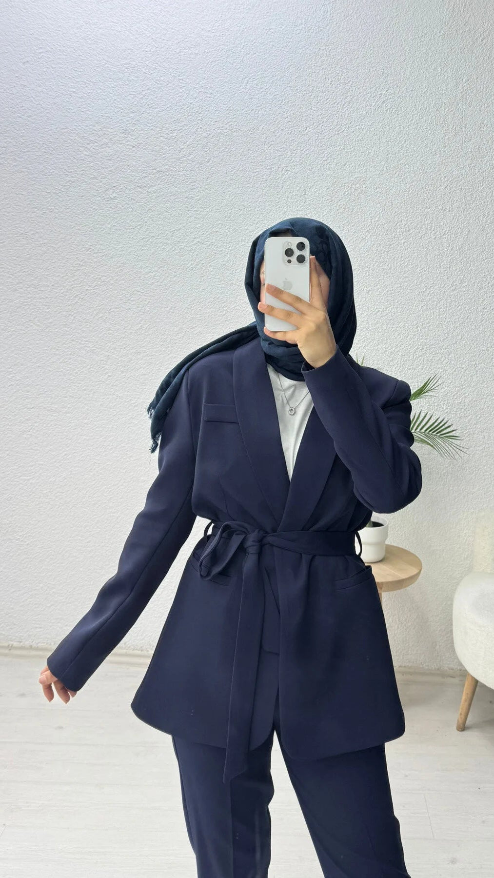 Kruvaze Yaka Kuşaklı Blazer Ceket Lacivert