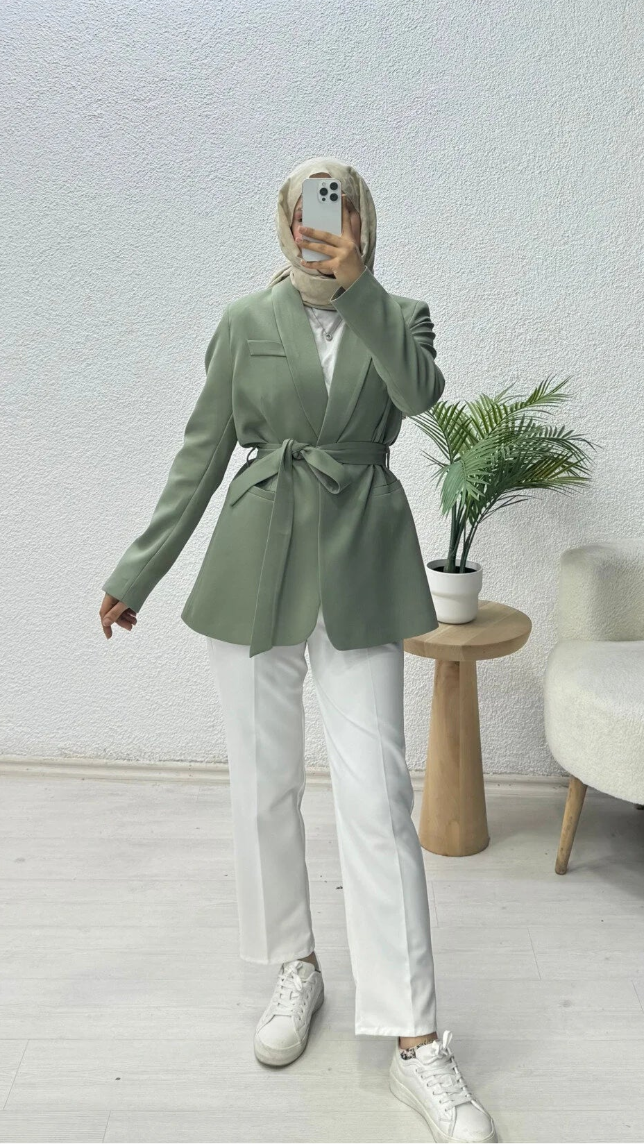 Kruvaze Yaka Kuşaklı Blazer Ceket Yeşil